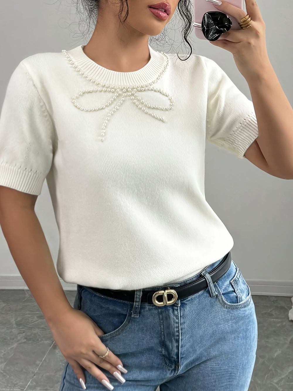 ZARA Womens Solid Color Rhinestone Bow Fitted Short Sleeve Tee
